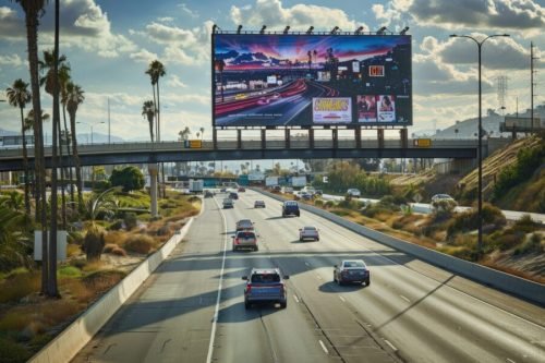 a highway filled with lots of traffic under a bridge